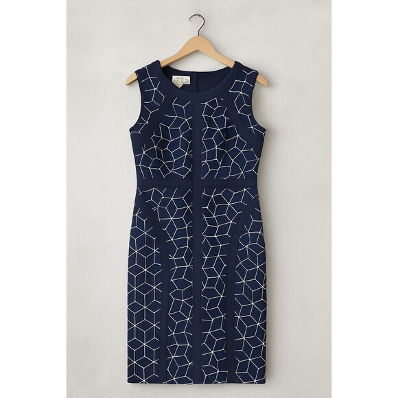 DM Collection Navy White Geometric Sheath Dress Sz 6 Stretch Textured Knit Lined - Picture 1 of 6